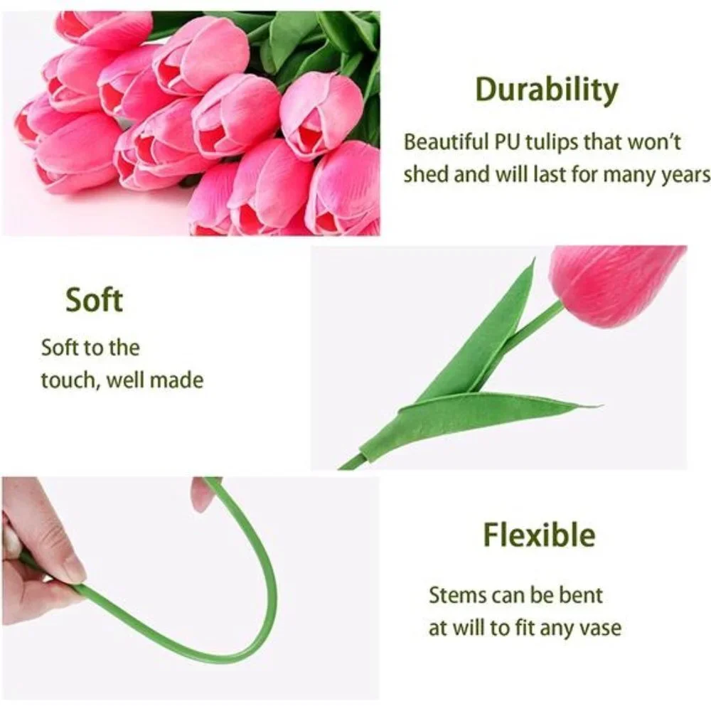 10 Pcs Tulips Artifical Flowers Real Touch Faux Tulip Stems Table Decor (Pink)